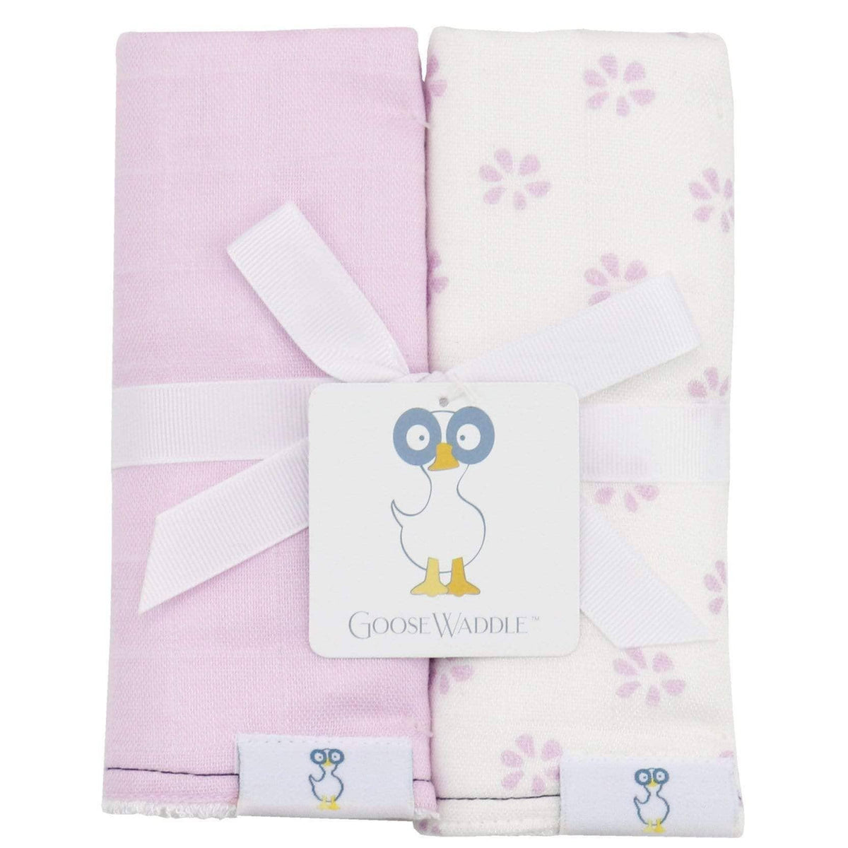 Goosewaddle muslin terry burp cloth set with two newborn baby cloths in pink and white with purple flowers