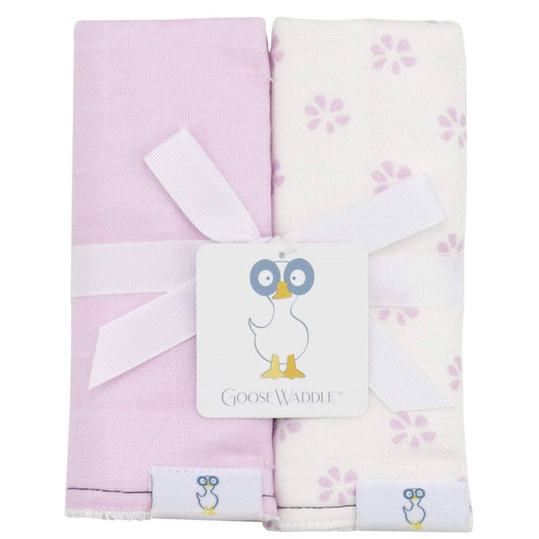 Goosewaddle muslin terry burp cloth set with two newborn baby cloths in pink and white with purple flowers
