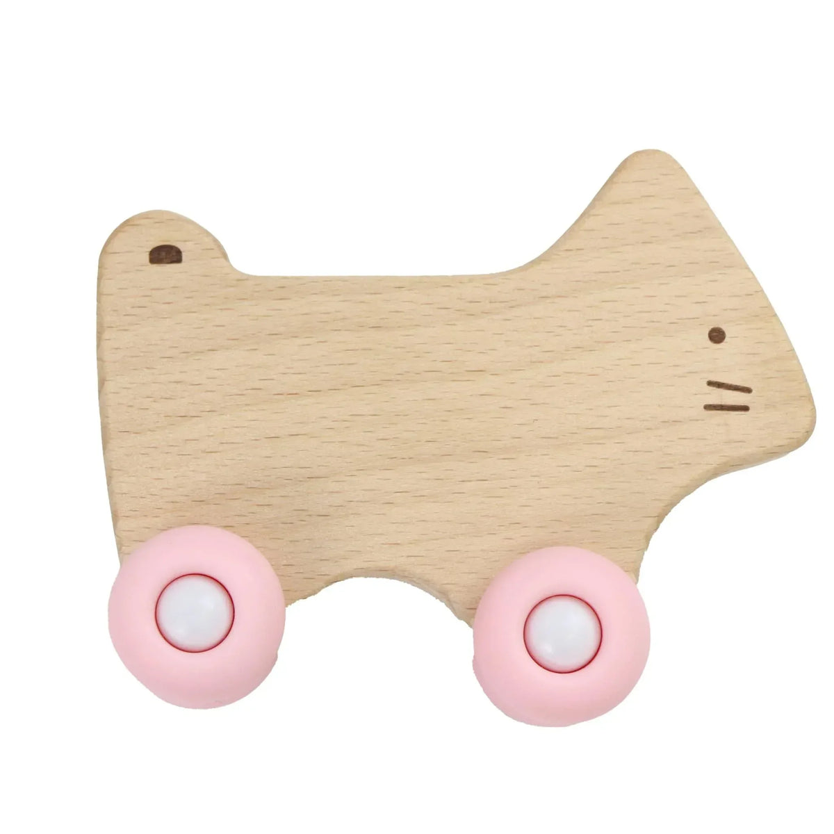 Natural wood and pink silicone wood baby teether shaped like a cat with wheels