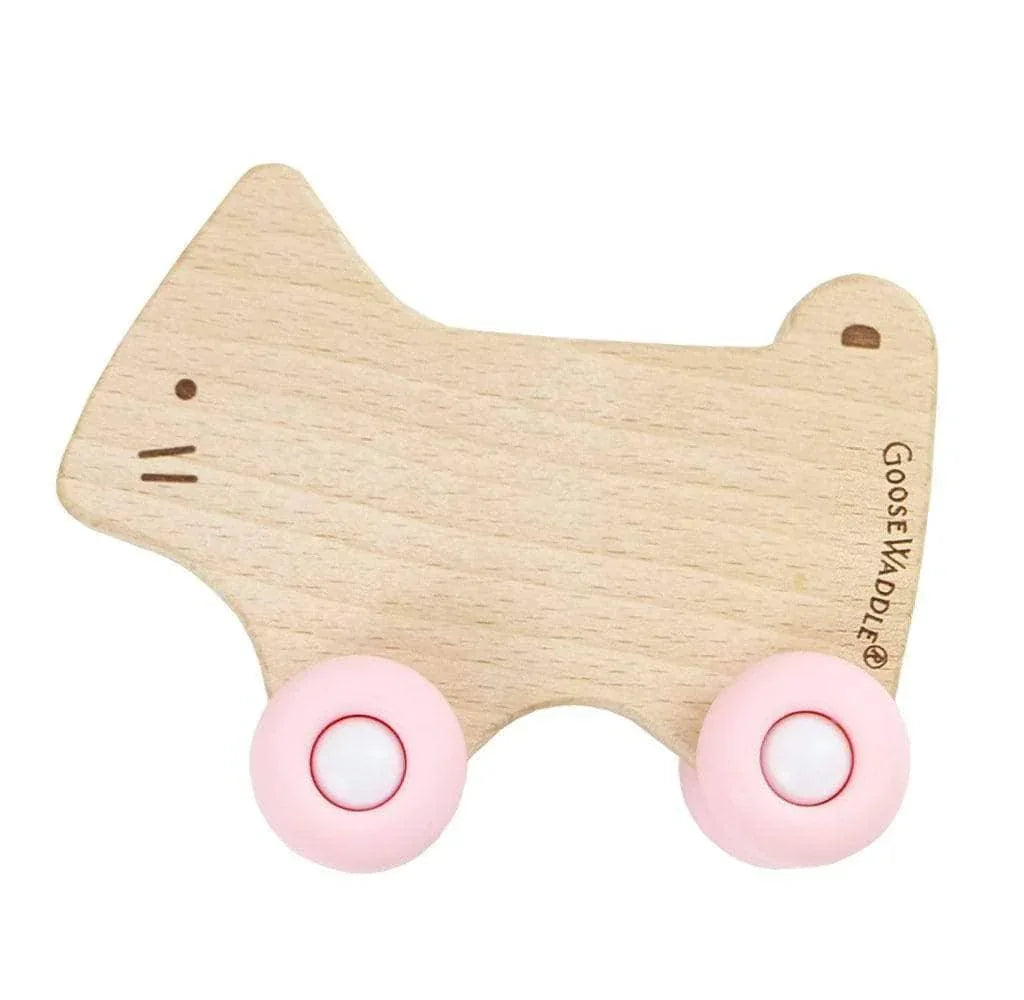 Natural wood and pink silicone wheels silicone wood baby teether shaped like a cat toy