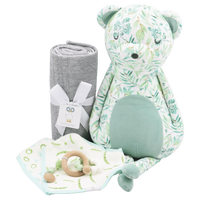 soft gray knit baby blanket rolled up next to green floral baby plush bear and teething toy set for newborns