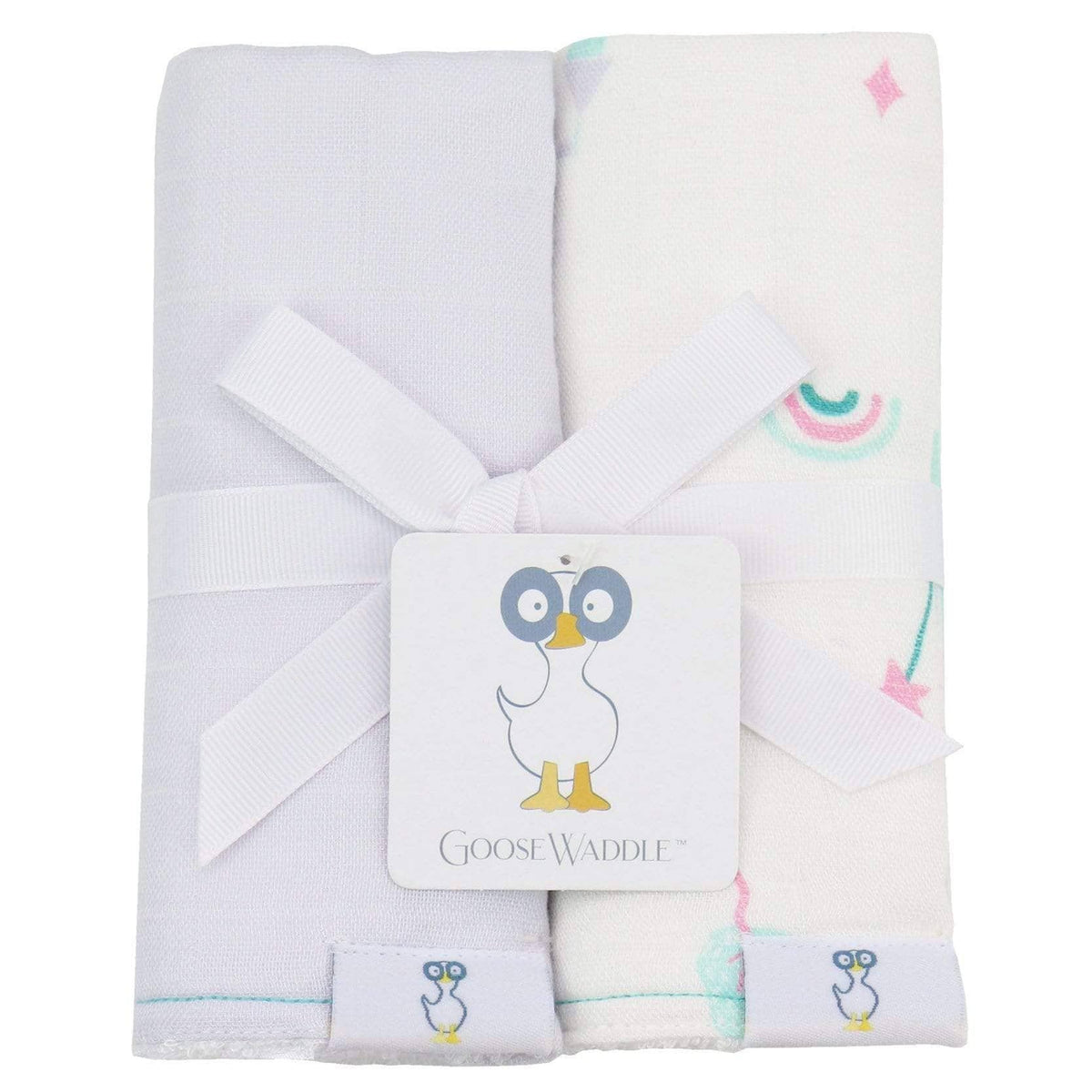 Goosewaddle terry burp cloths for babies in soft pastel colors with playful rainbow and star patterns