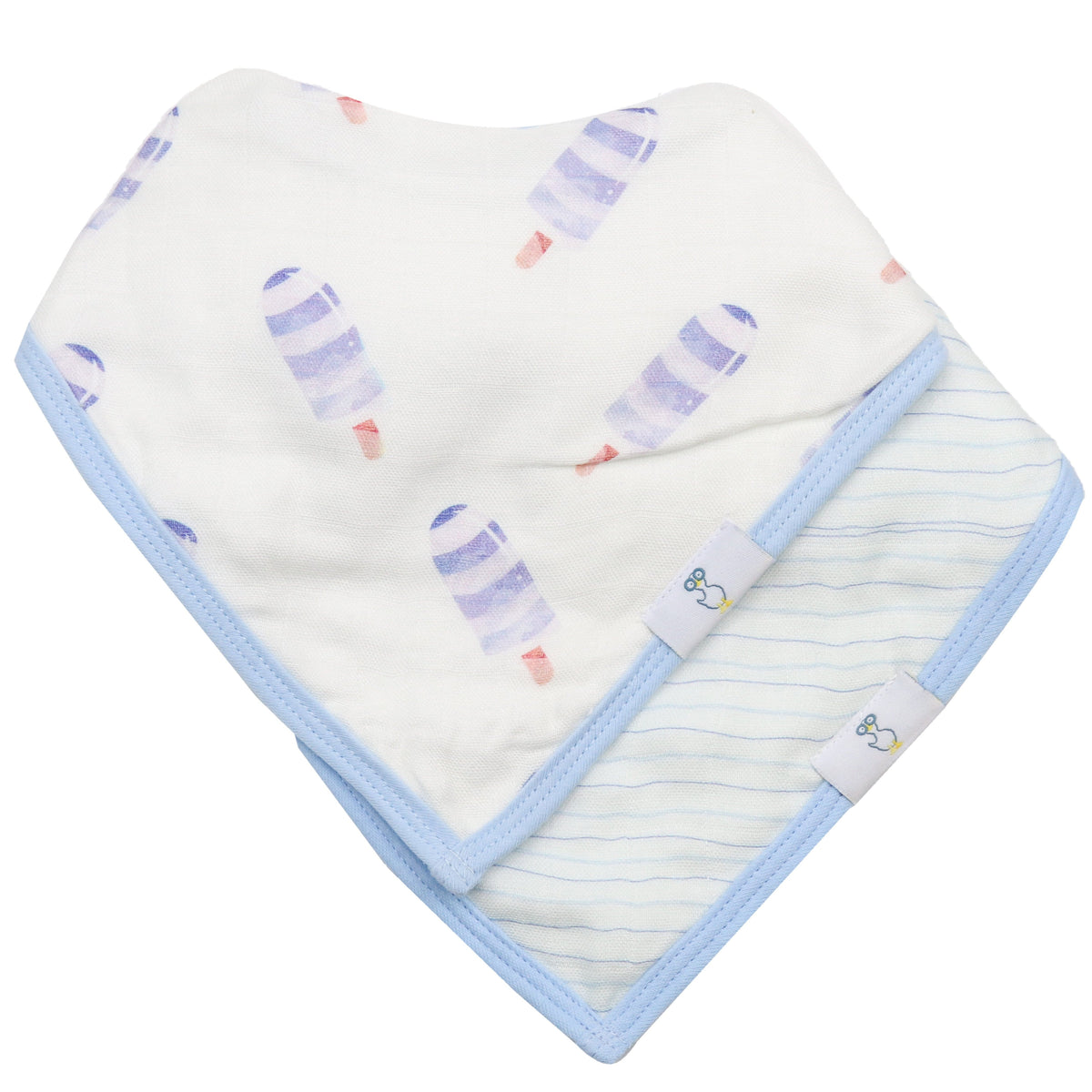 Popsicle and Stripes Blue 2 Pack Muslin and Terry Baby Cloth Bib Set, perfect for keeping your little one clean during mealtime.