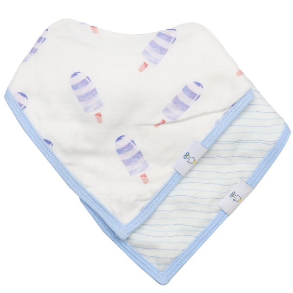 Popsicle and Stripes Blue 2 Pack Muslin and Terry Baby Cloth Bib Set, perfect for keeping your little one clean during mealtime.