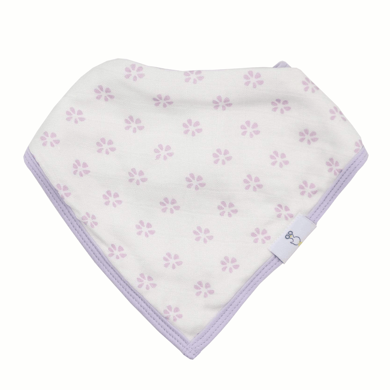 Blueberries and Flowers Lavender 2 Pack Muslin & Terry Cloth Bib Set with a charming floral design, crafted for comfort and absorbency during dining and play.