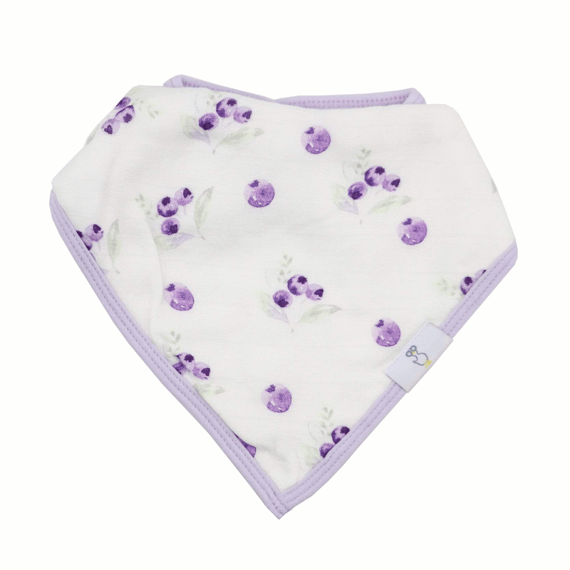 Blueberries and Flowers Lavender 2 Pack Muslin & Terry Cloth Bib Set showcasing a cute lavender and blueberry print on breathable muslin fabric, ideal for children aged 3 to 36 months.