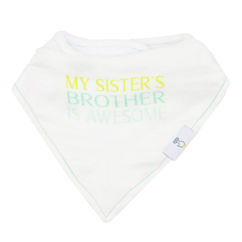Brother and Arrows 2 Pack Muslin & Terry Cloth Bib Set showing a close-up of a chic muslin bib with the phrase 'MY SISTER’S BROTHER IS AWESOME' designed for comfort and absorbency, ideal for infants.