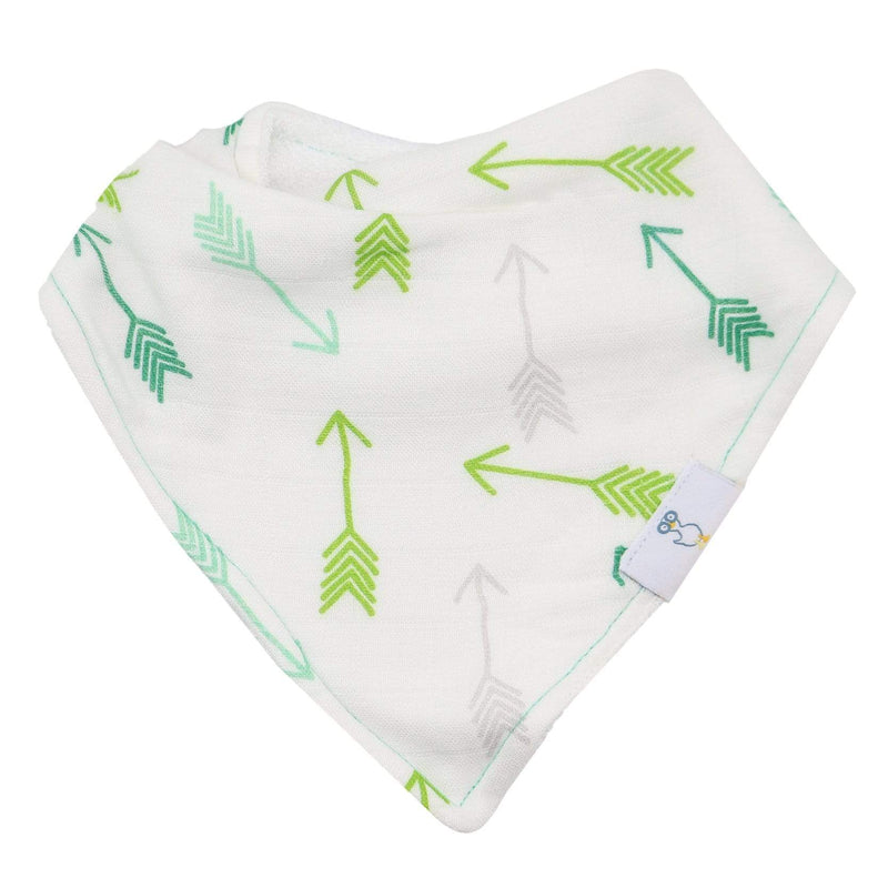 Brother and Arrows 2 Pack Muslin & Terry Cloth Bib Set displaying a trendy bib with a green arrow pattern, crafted for practicality and style to keep your little one tidy during feeding.