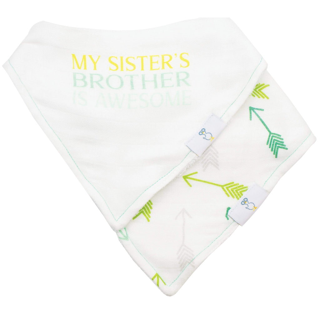 Brother and Arrows 2 Pack Muslin & Terry Cloth Bib Set featuring a stylish bib with the text 'MY SISTER’S BROTHER IS AWESOME' in green and yellow, perfect for keeping your baby clean and stylish during mealtime.