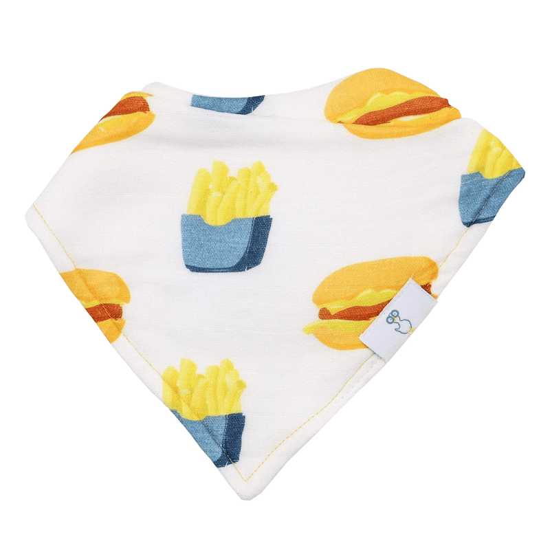 Small Fry and Burgers and Fries 2 Pack Muslin & Terry Cloth Bib Set displaying a bib adorned with vibrant illustrations of a burger and fries.