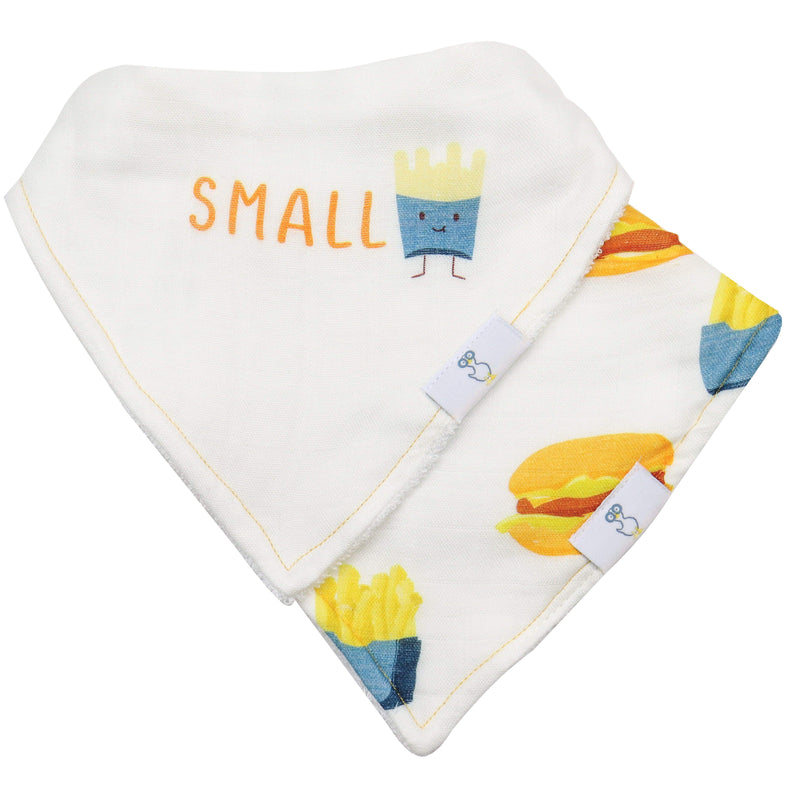 Small Fry and Burgers and Fries 2 Pack Muslin & Terry Cloth Bib Set featuring a bib with playful food designs including fries and burgers.