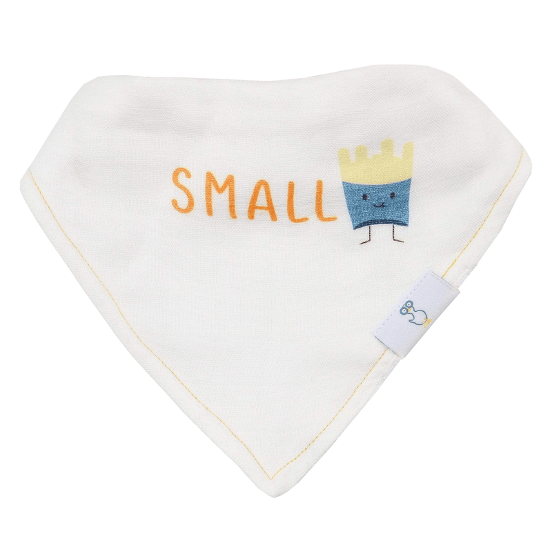 Small Fry and Burgers and Fries 2 Pack Muslin & Terry Cloth Bib Set showcasing a bib with the text 'SMALL' and a cute fries character.