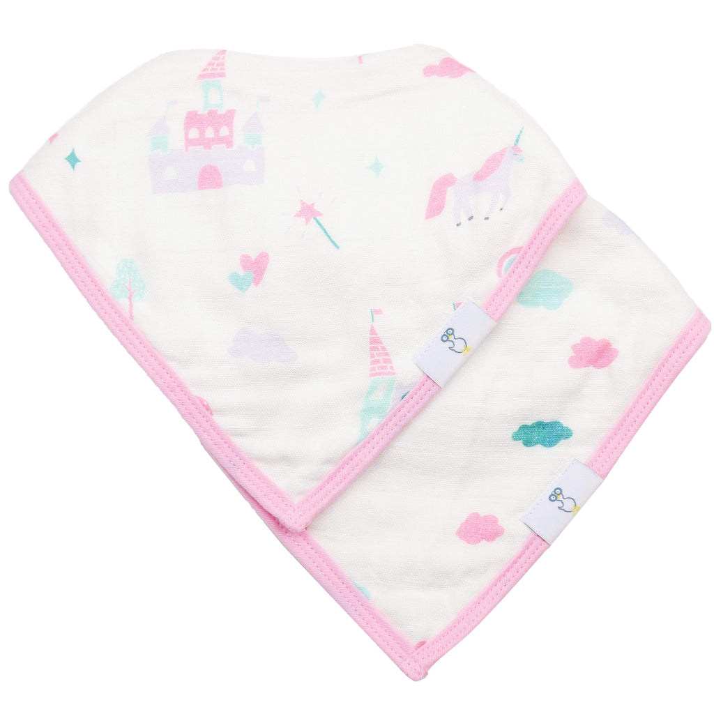 Clouds and Castles 2 Pack Muslin & Terry Cloth Bib Set featuring a whimsical design with castles, unicorns, and pastel colors.
