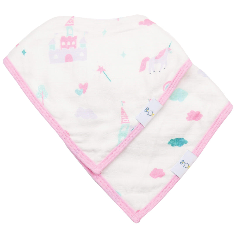 Clouds and Castles 2 Pack Muslin & Terry Cloth Bib Set featuring a whimsical design with castles, unicorns, and pastel colors.