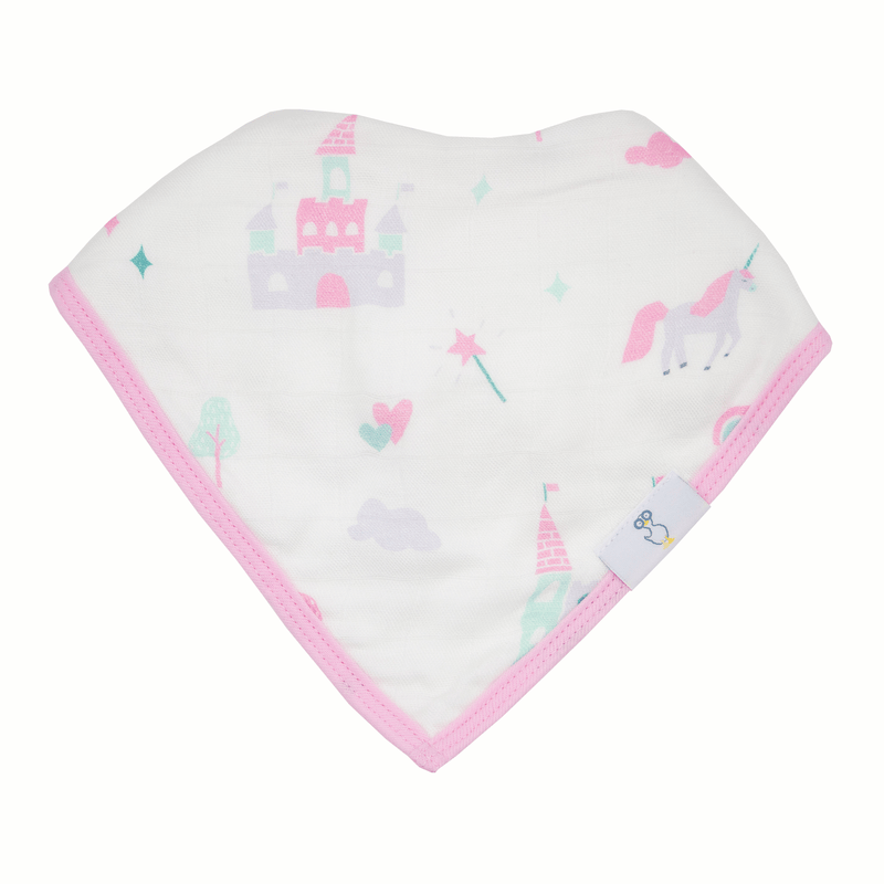 Clouds and Castles 2 Pack Muslin & Terry Cloth Bib Set showcasing a single bib with a charming castle and unicorn design in soft pastel hues.