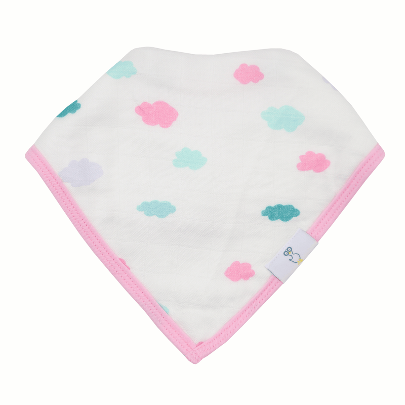 Clouds and Castles 2 Pack Muslin & Terry Cloth Bib Set highlighting a bib with a fun cloud pattern in pastel colors, ideal for keeping babies clean.