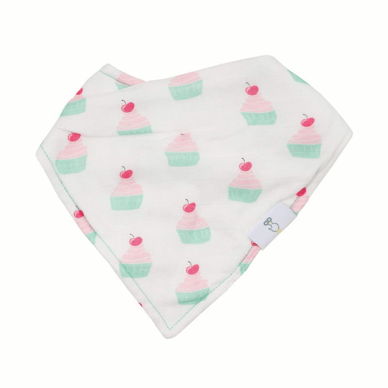 Muffin and Cupcake 2 Pack Muslin & Terry Cloth Bib Set featuring a soft, cute cupcake pattern, ideal for babies during mealtime.