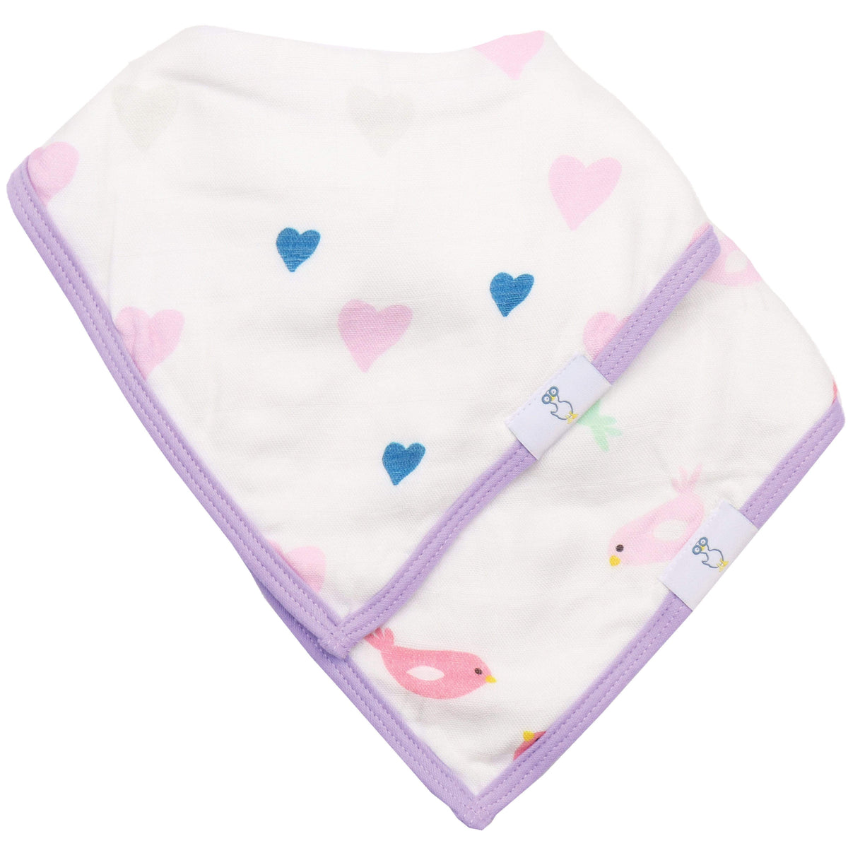 Hearts and Birds 2 Pack Muslin & Terry Cloth Baby Bib Set featuring adorable heart and bird designs, perfect for keeping your little one stylish and clean during mealtime.