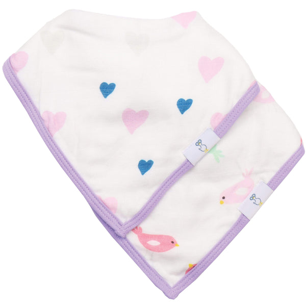 Hearts and Birds 2 Pack Muslin & Terry Cloth Baby Bib Set featuring adorable heart and bird designs, perfect for keeping your little one stylish and clean during mealtime.