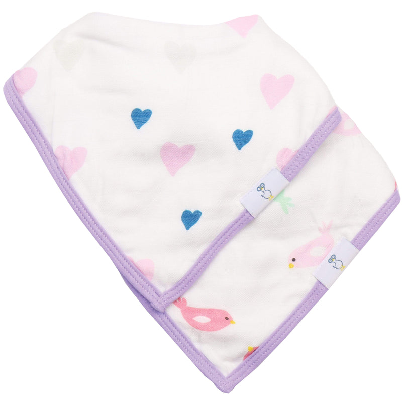 Hearts and Birds 2 Pack Muslin & Terry Cloth Baby Bib Set featuring adorable heart and bird designs, perfect for keeping your little one stylish and clean during mealtime.