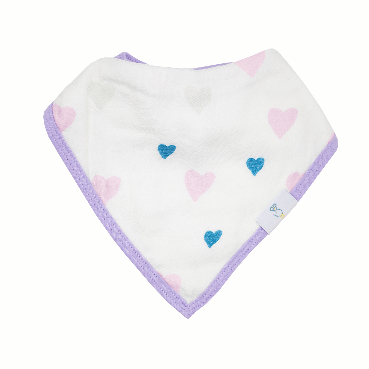 Close-up of the Hearts and Birds 2 Pack Muslin & Terry Cloth Baby Bib Set, showcasing the soft muslin fabric and absorbent terry cloth, ideal for babies and toddlers.