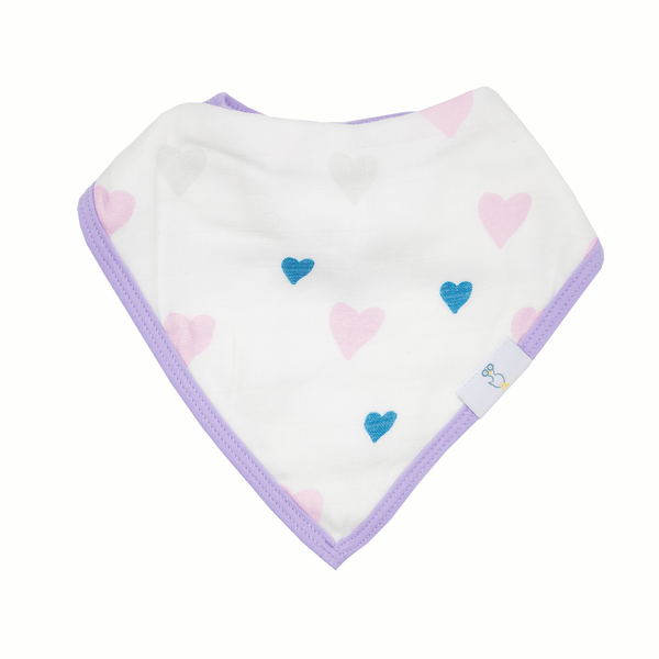 Close-up of the Hearts and Birds 2 Pack Muslin & Terry Cloth Baby Bib Set, showcasing the soft muslin fabric and absorbent terry cloth, ideal for babies and toddlers.