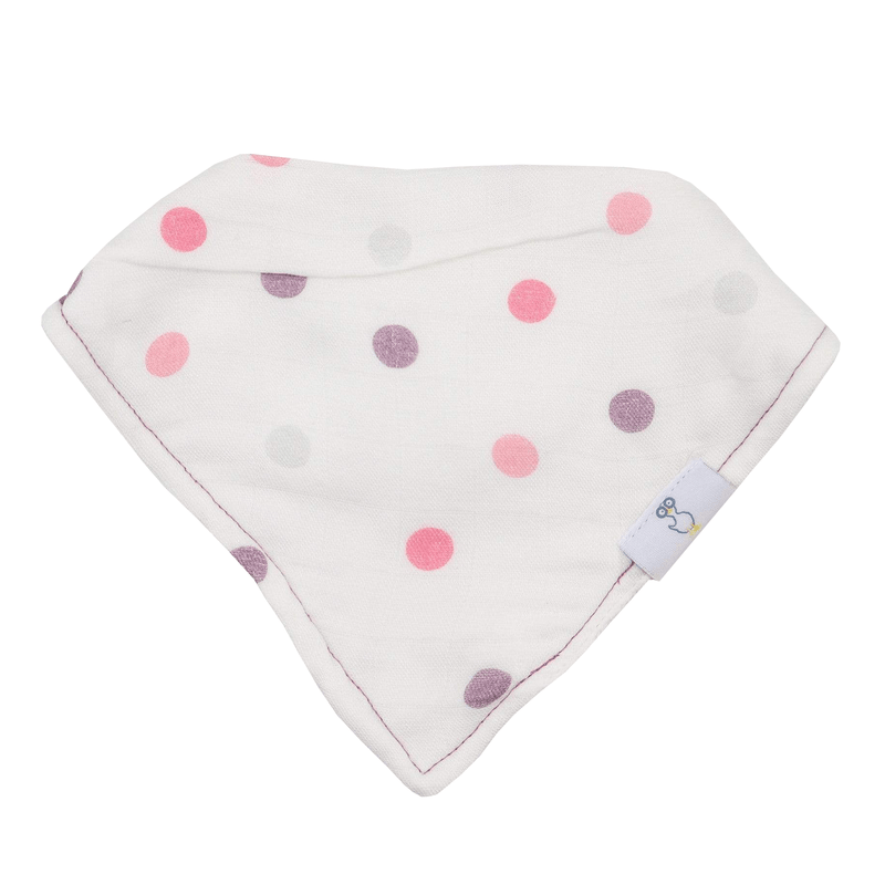 Mom and Dots 2 Pack Muslin & Terry Cloth Bib Set displaying a white bib adorned with colorful polka dots, perfect for little ones during mealtime.