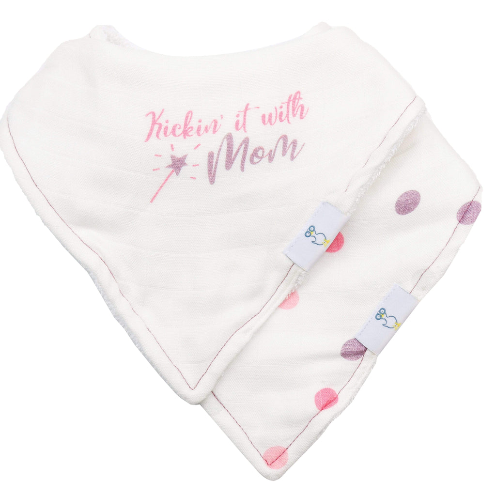 Mom and Dots 2 Pack Muslin & Terry Cloth Bib Set featuring a stylish white bib with 'Kickin' it with Mom' print and playful polka dots design.