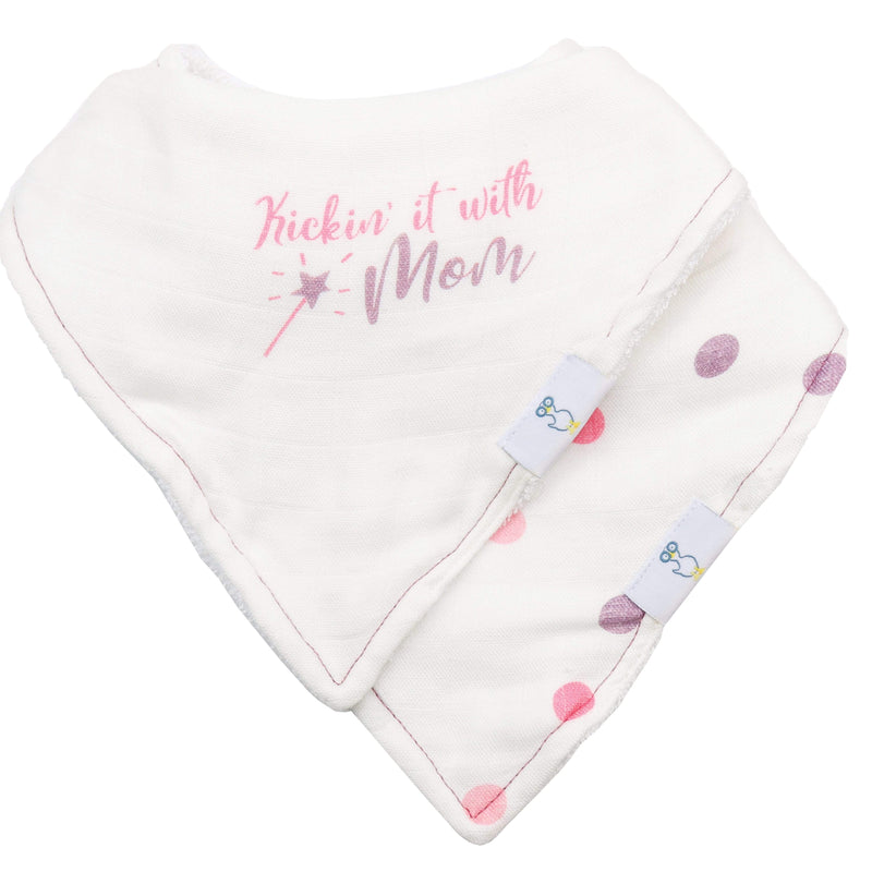 Mom and Dots 2 Pack Muslin & Terry Cloth Bib Set featuring a stylish white bib with 'Kickin' it with Mom' print and playful polka dots design.