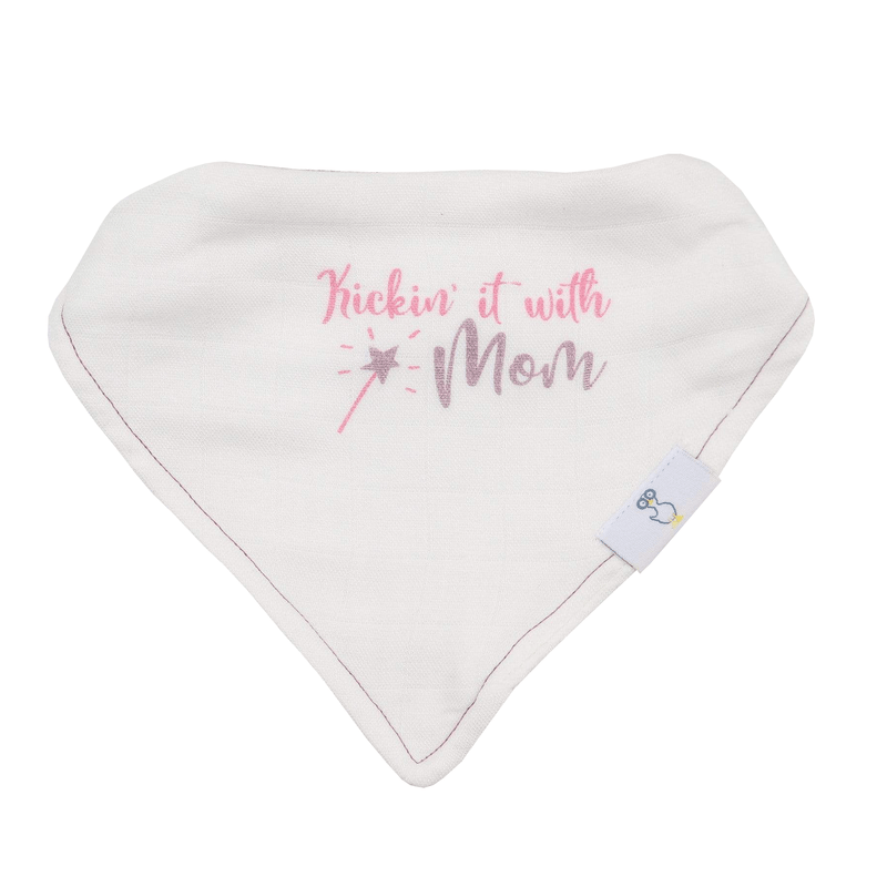 Mom and Dots 2 Pack Muslin & Terry Cloth Bib Set showcasing a white bib with 'Kickin' it with Mom' printed on soft bamboo muslin fabric.