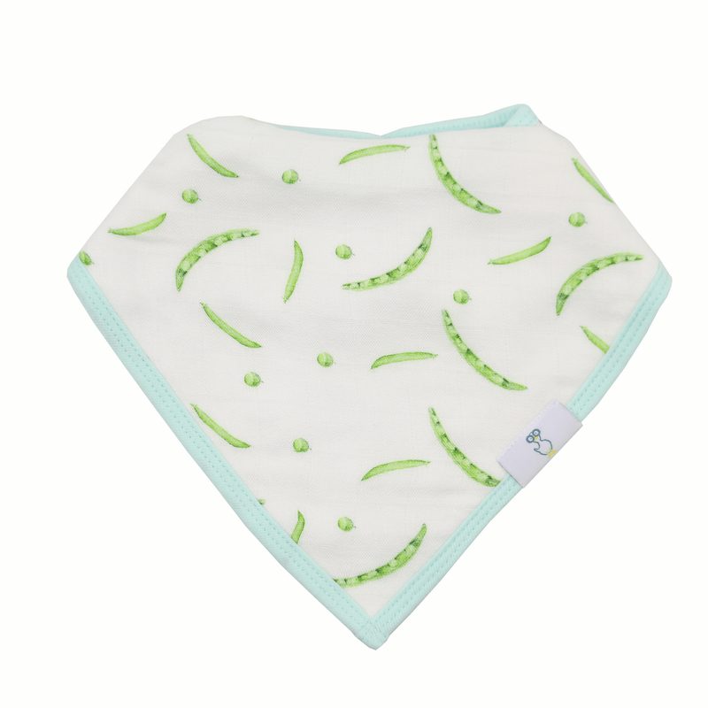 Close-up of the Peas and XO Mint 2 Pack Muslin & Terry Cloth Bib Set showing the adorable green pea design, ideal for stylish and functional baby attire.