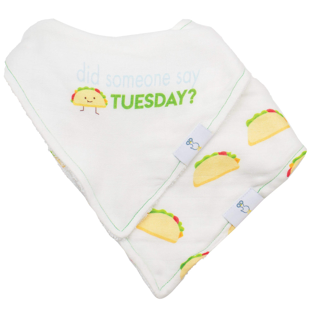 Taco Tuesday and Taco 2 Pack Muslin & Terry Cloth Bib Set featuring a cute taco design and the phrase 'Did someone say TUESDAY?' perfect for baby mealtime.