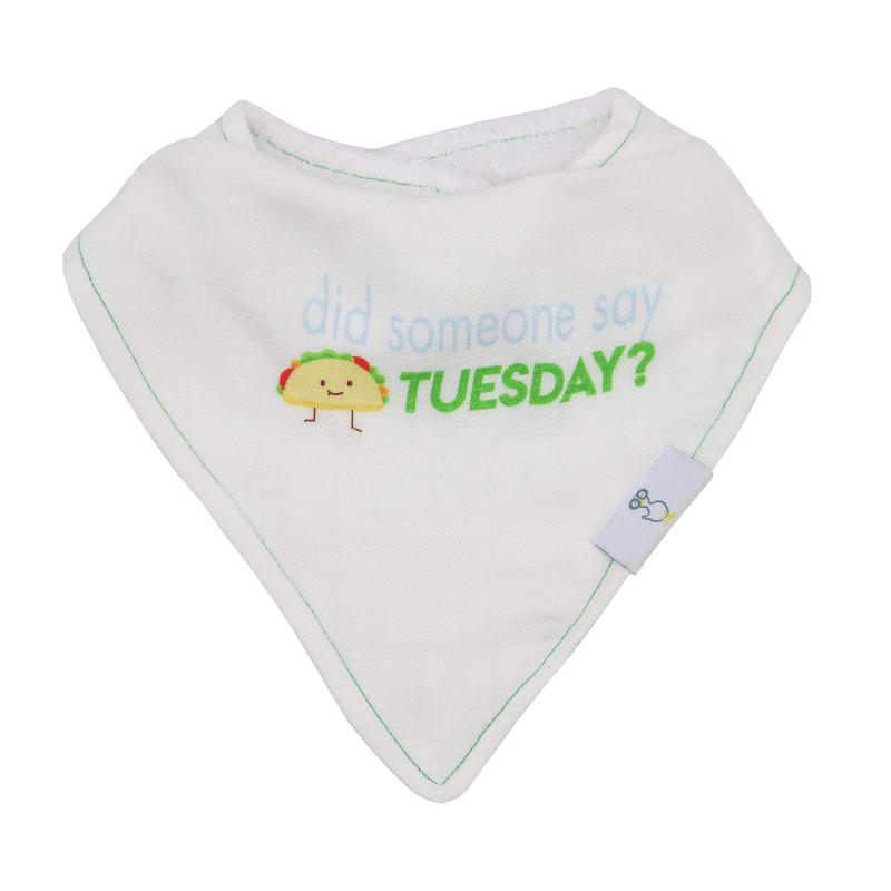 Close-up of the Taco Tuesday and Taco 2 Pack Muslin & Terry Cloth Bib Set displaying the design with 'Did someone say TUESDAY?' on a soft and absorbent bib.