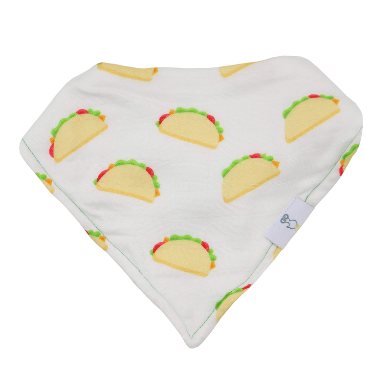 Taco Tuesday and Taco 2 Pack Muslin & Terry Cloth Bib Set featuring a charming taco design on a soft muslin bib, perfect for keeping babies clean during mealtime.