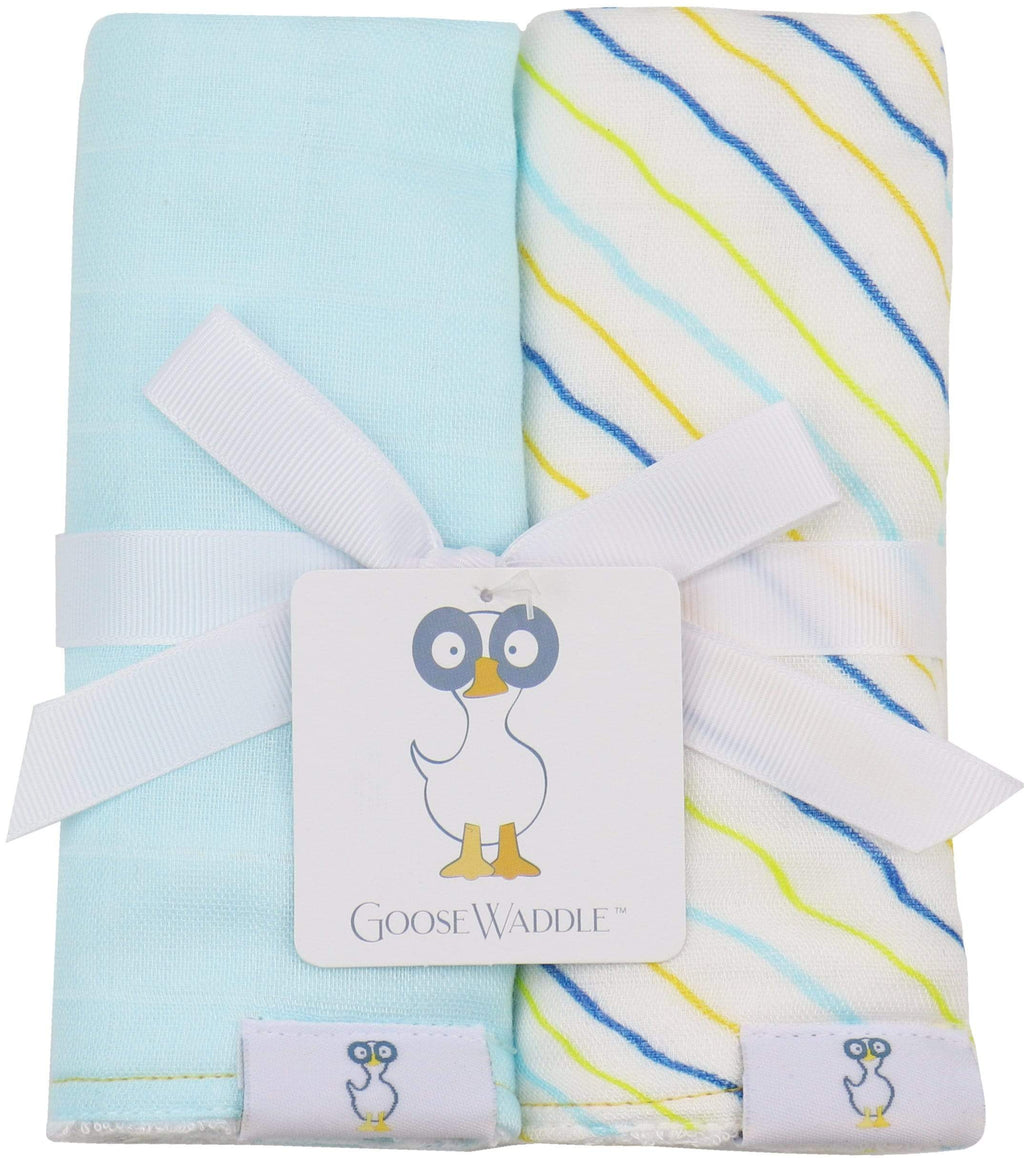 Stripes and Light Blue 2 PK Muslin & Terry Cloth Burp Cloths by Goosewaddle, featuring a playful striped design and solid light blue color, perfect for baby feeding.