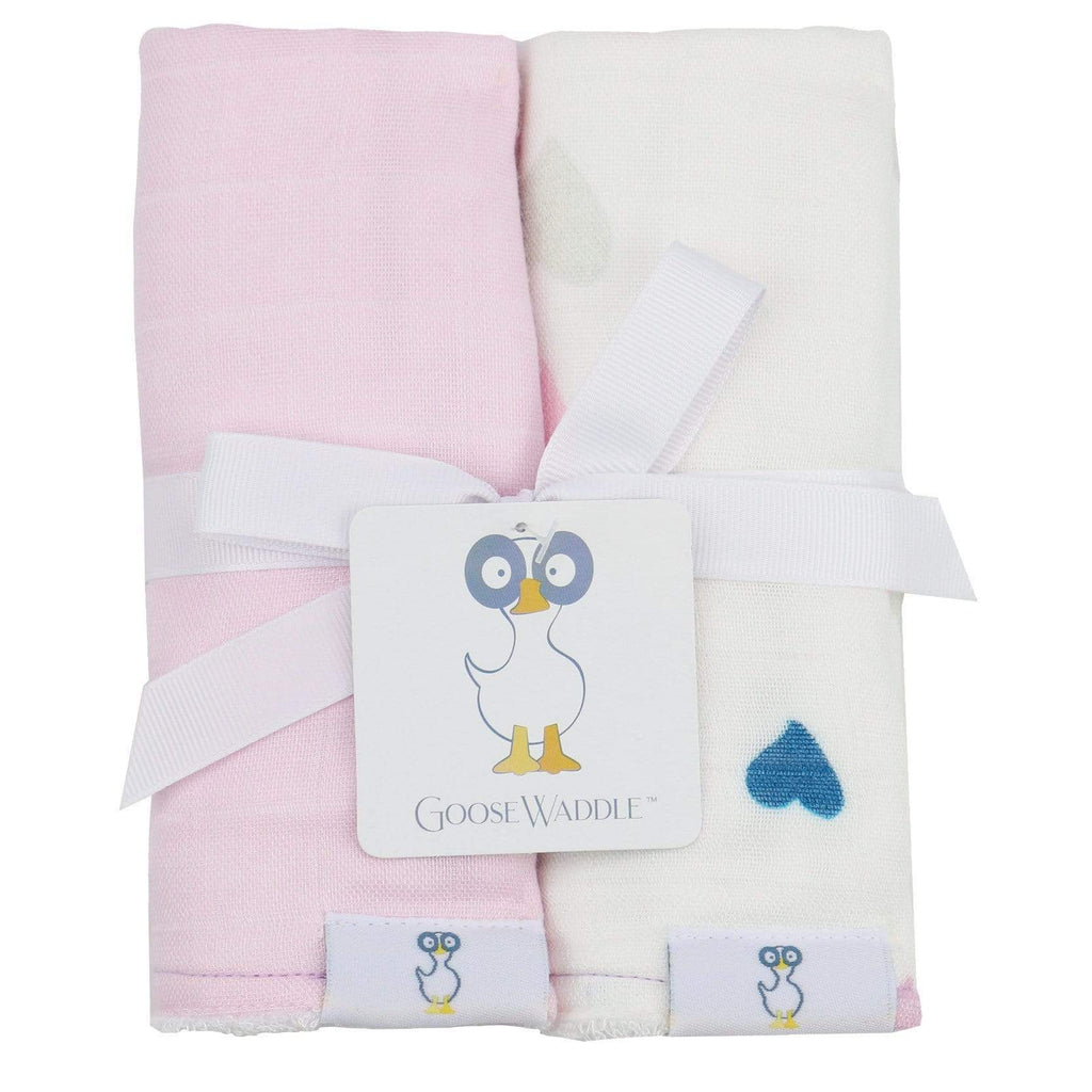 Hearts and Light Pink 2 PK Muslin & Terry Cloth Burp Cloths featuring a soft pink design and heart motifs, perfect for newborns. Ideal for feeding and burping, made from bamboo muslin and plush terry cloth for superior absorbency.