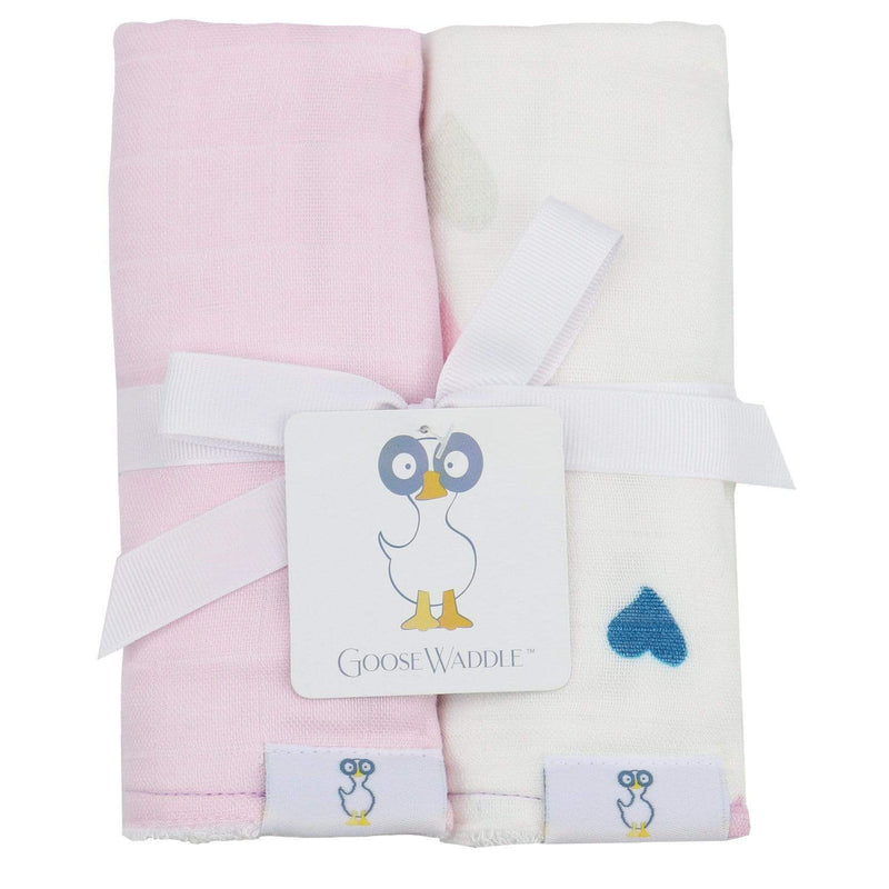Hearts and Light Pink 2 PK Muslin & Terry Cloth Burp Cloths featuring a soft pink design and heart motifs, perfect for newborns. Ideal for feeding and burping, made from bamboo muslin and plush terry cloth for superior absorbency.
