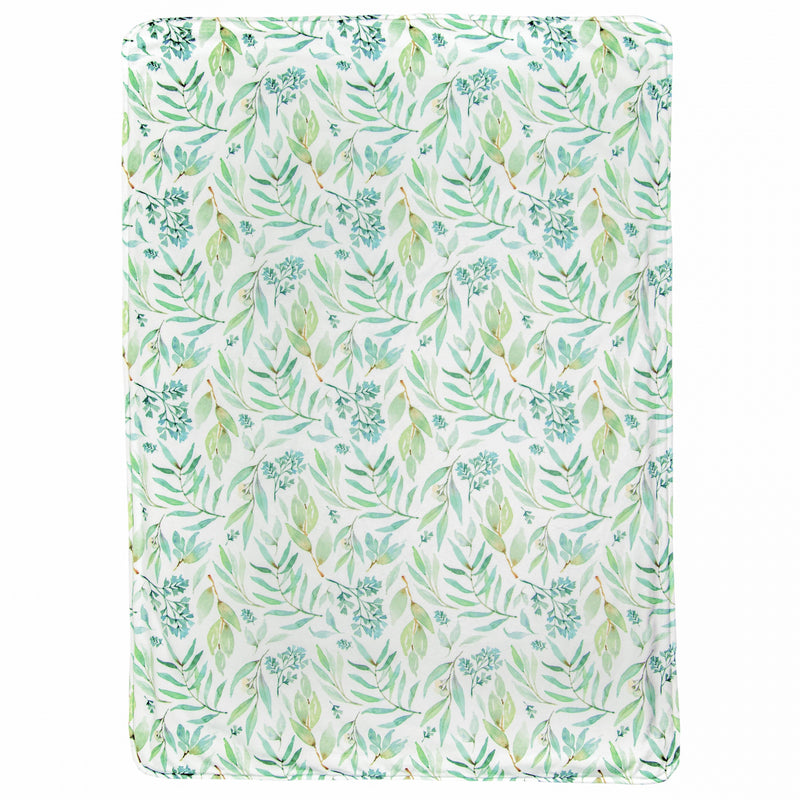 Basil Bear Mint Applique Baby Blanket showcasing a delicate floral and leaf pattern in soothing mint and green tones.