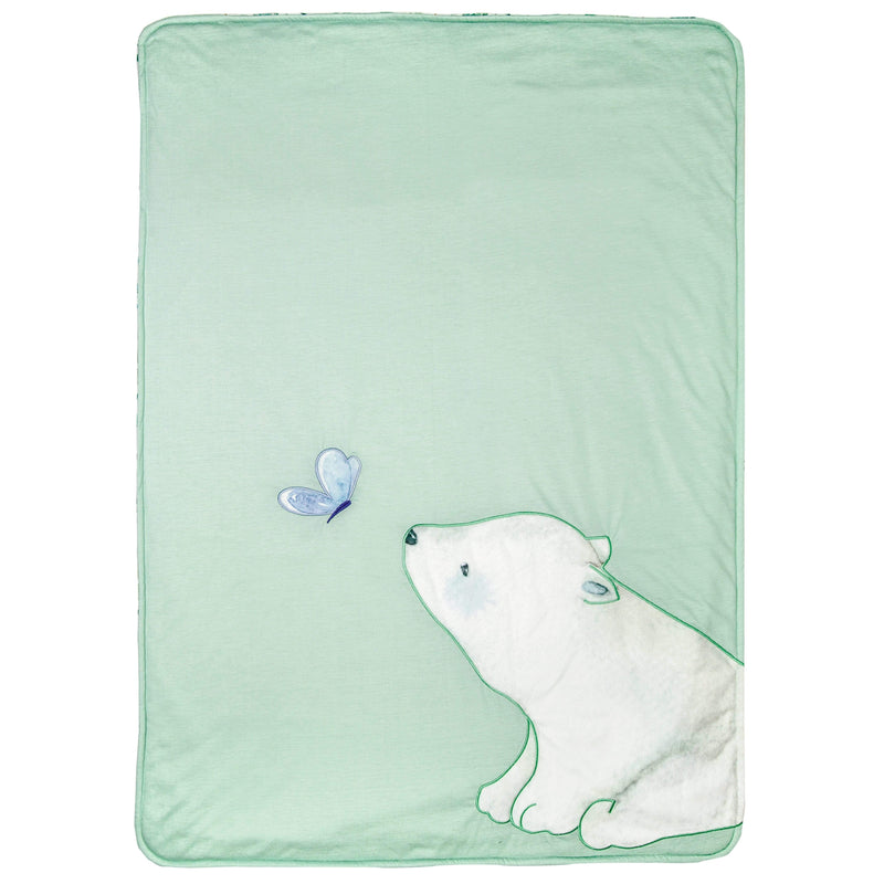 Basil Bear Mint Applique Baby Blanket featuring a charming bear applique with a butterfly on a soft mint background.