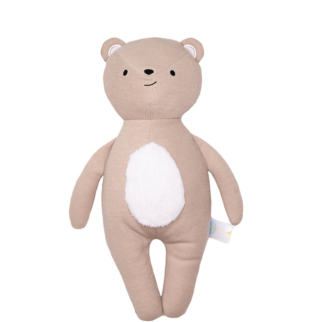Front view of the Bear Knit Plush, a soft and cuddly bear toy designed for infants and toddlers, featuring a charming smile and huggable body.
