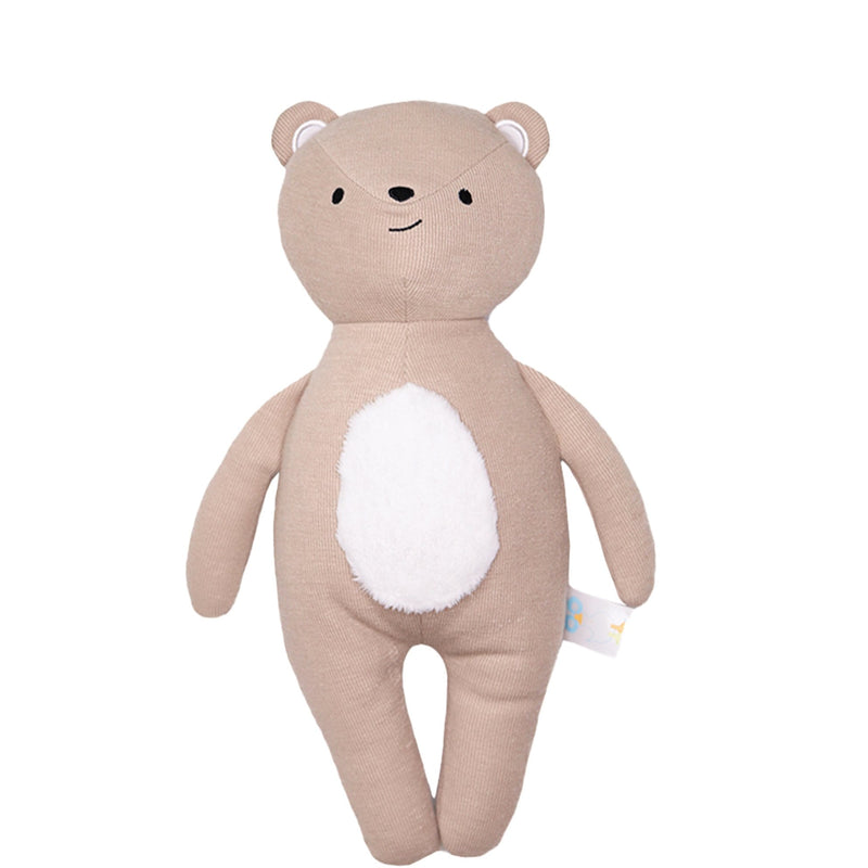 Front view of the Bear Knit Plush, a soft and cuddly bear toy designed for infants and toddlers, featuring a charming smile and huggable body.