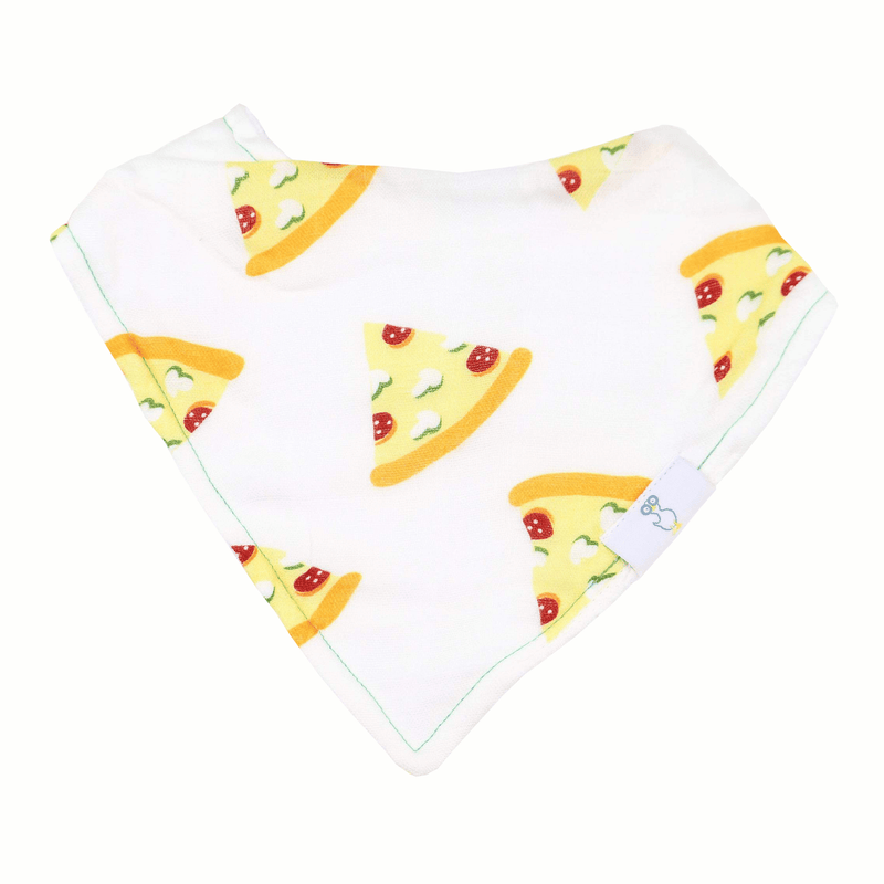 Another angle of the Slice Slice Baby and Pizza bib, highlighting the playful pizza pattern designed for fashionable and functional baby care.