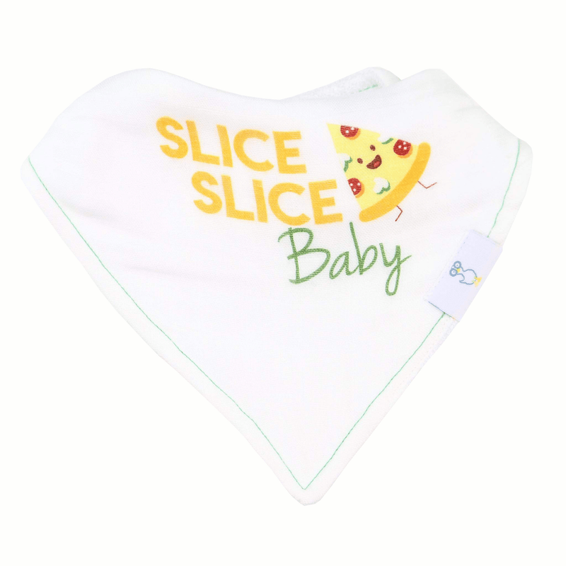 Close-up view of the Slice Slice Baby and Pizza bib, showcasing its fun pizza print and soft fabric, ideal for stylish baby feeding.