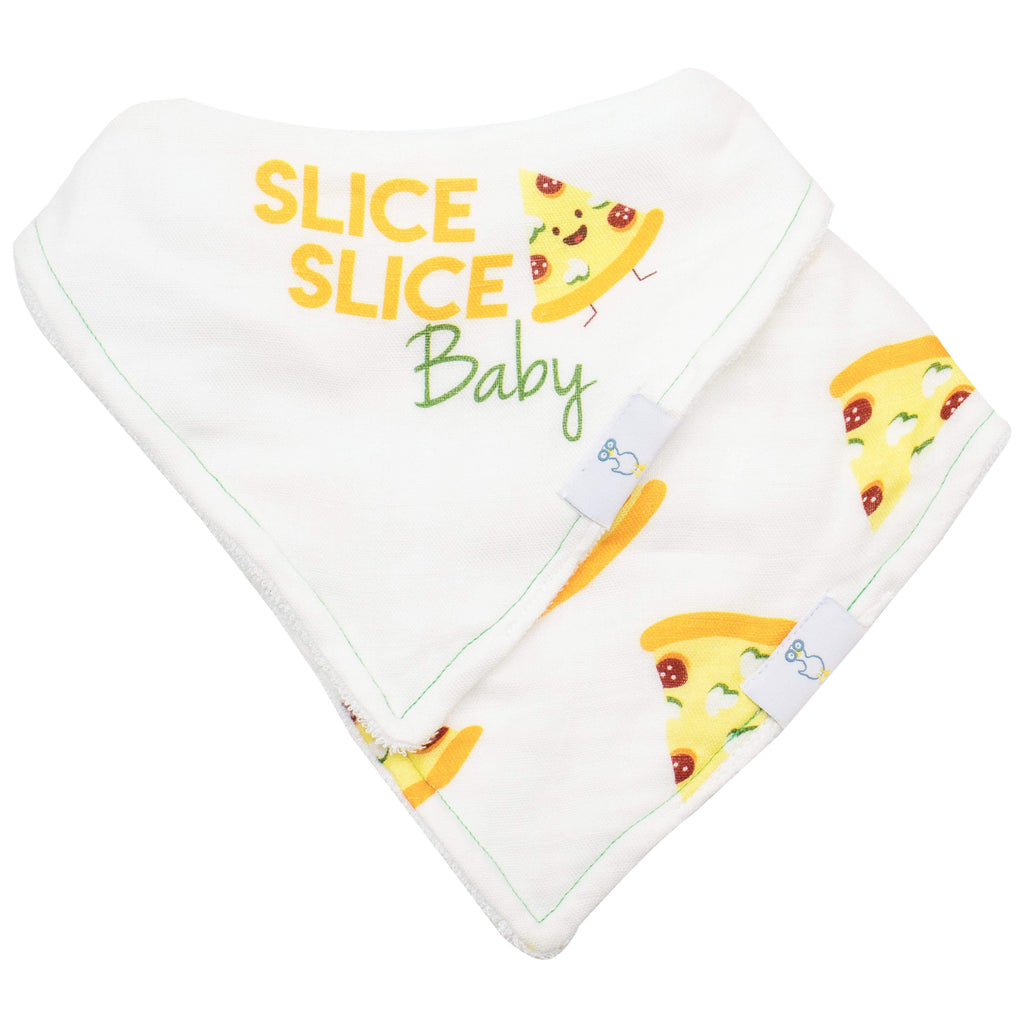 Slice Slice Baby and Pizza 2 Pack Muslin & Terry Cloth Bib Set featuring a colorful pizza design, perfect for keeping your little one clean during mealtimes.