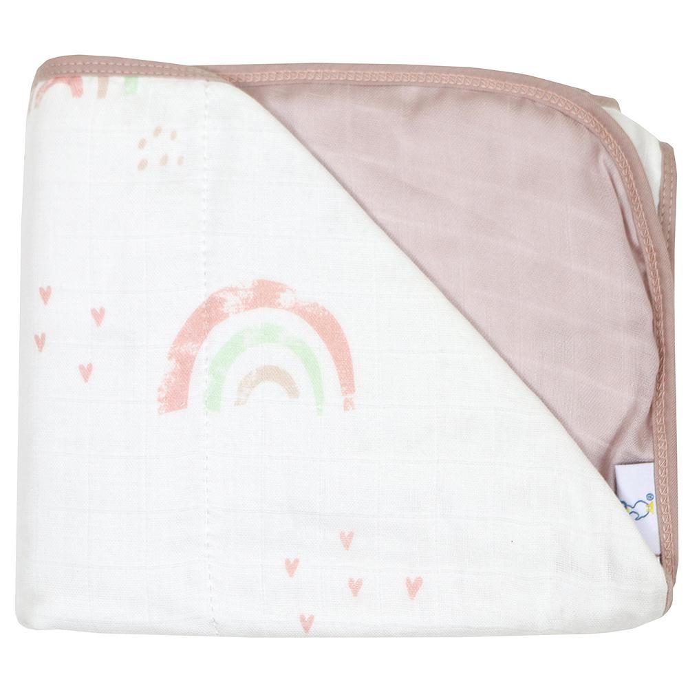 Rainbow and Mauve Oversized Bamboo Muslin Quilted Blanket featuring a soft, breathable design perfect for newborns and toddlers. The blanket showcases cheerful pastel colors, including a rainbow and hearts, ideal for brightening up any nursery.