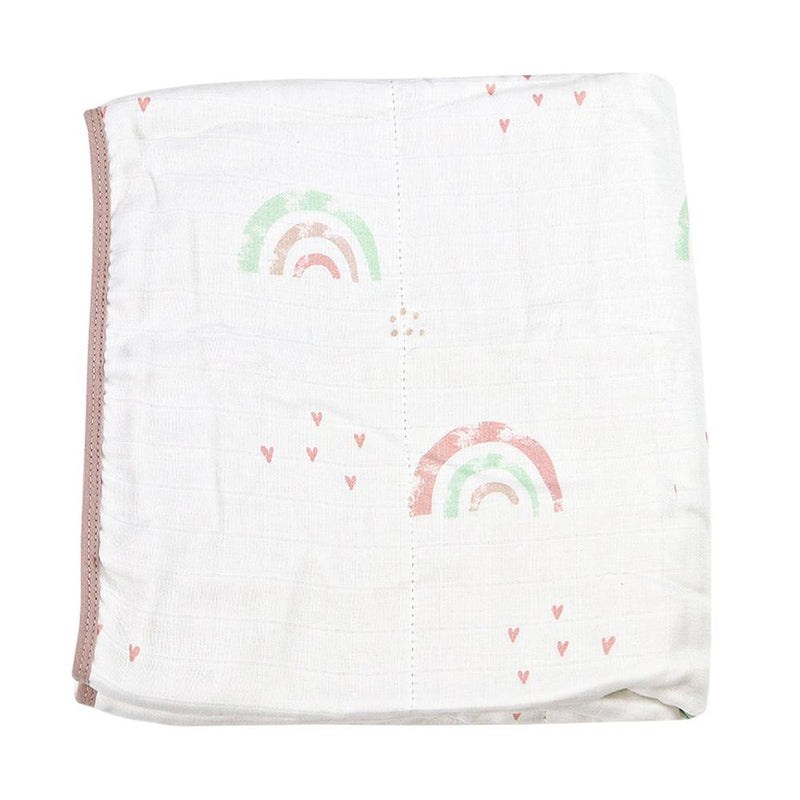 Rainbow and Mauve Oversized Bamboo Muslin Quilted Blanket folded neatly, showcasing its playful rainbow and heart patterns, perfect for newborns.