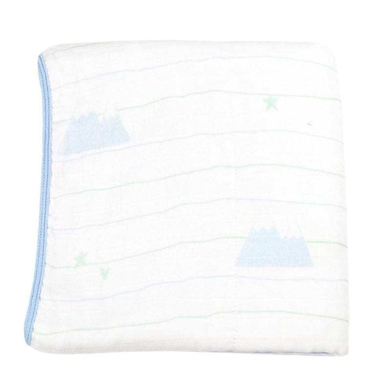 Mountain and Blue Oversized Bamboo Muslin Quilted Blanket displayed flat, featuring a charming mountain and star pattern in soft colors.