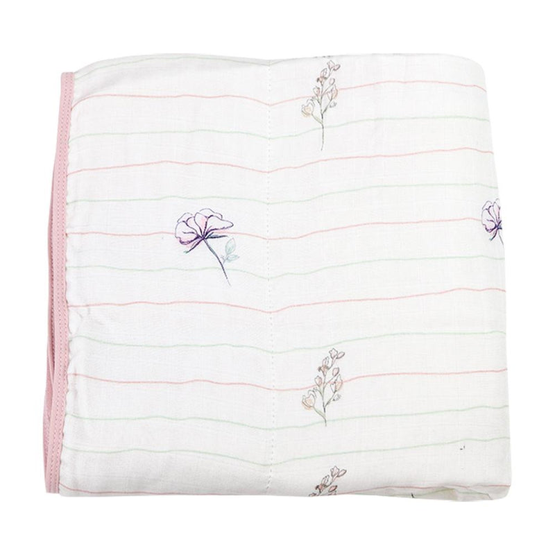 Flower and Pink Oversized Bamboo Muslin Quilted Blanket folded, featuring a charming floral design on soft bamboo muslin fabric, perfect for cozy moments with your little one.