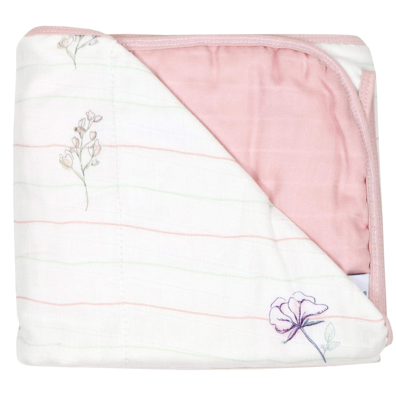 Flower and Pink Oversized Bamboo Muslin Quilted Blanket folded, showcasing its soft texture and charming floral design, perfect for newborns and nurseries.