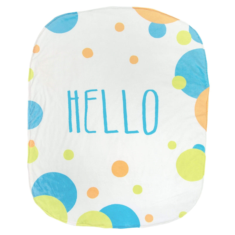 Bear Stroller Blanket showcasing a playful design with colorful bubbles and the word 'HELLO' on a white background, ideal for entertaining babies.